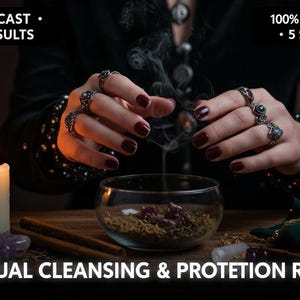 May include: An image depicting a spiritual cleansing ritual. A lit candle, a bowl with herbs, and hands adorned with rings are visible. The text reads "Spiritual Cleansing & Protection Ritual."