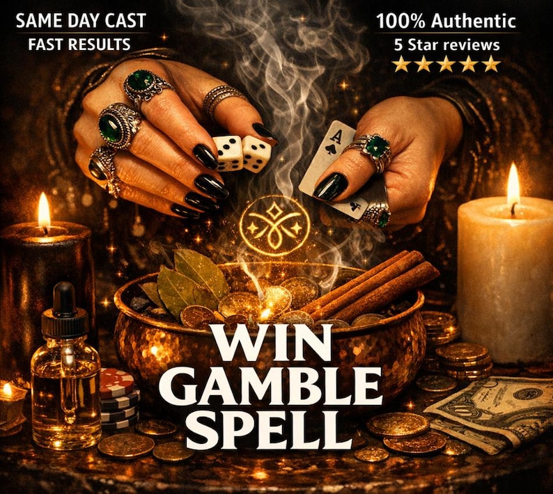 May include: An image with the text "WIN GAMBLE SPELL" features dice, playing cards, coins, and candles. The image also includes the text "SAME DAY CAST FAST RESULTS" and "100% Authentic 5 Star reviews".