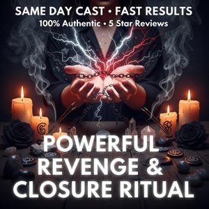 May include: An image advertising a ritual service. The image shows hands holding a chain with lightning, surrounded by candles, crystals, and the text "POWERFUL REVENGE & CLOSURE RITUAL". The text "SAME DAY CAST • FAST RESULTS" is also visible.