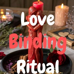 May include: A red candle shaped like two figures embracing, topped with a small lit wick. The candle is placed on a black circular tray with a red rose, cinnamon sticks, and scattered grains. The text "Love Binding Ritual" is overlaid in white.