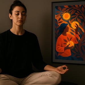 Harvesting Glowing Aura Fruits – Mystical Digital Wall Art | Warm Spiritual Poster | Aesthetic Nature Illustration for Meditation Space