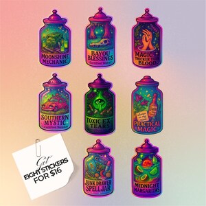 May include: A collection of eight colorful stickers featuring jar designs with various themes and text. The jars have purple lids and bases, with vibrant illustrations inside, including text like "Moonshine Mechanic" and "Midnight Margaritas". A note says "Get Eight Stickers For $16".
