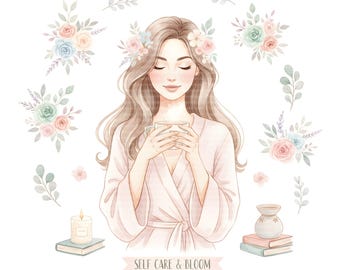 Watercolor Self Care Clipart: Glam Planner, Self Love, Spa Day PNG (Digital Download)