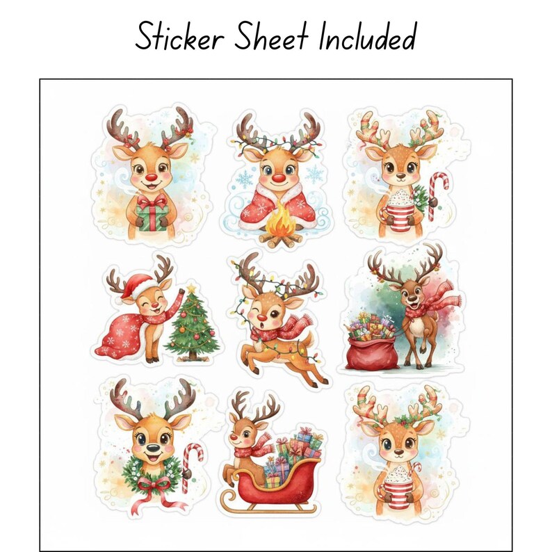 Watercolor Christmas Reindeer Clipart: 20 PNG Bundle, Sticker Sheet ...