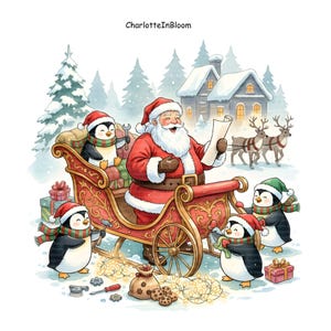 Jultomten & Pingvin Clipart-paket: Akvarell Nordpolen, Jultomteby PNG (Kompletterande klistermärkesark)