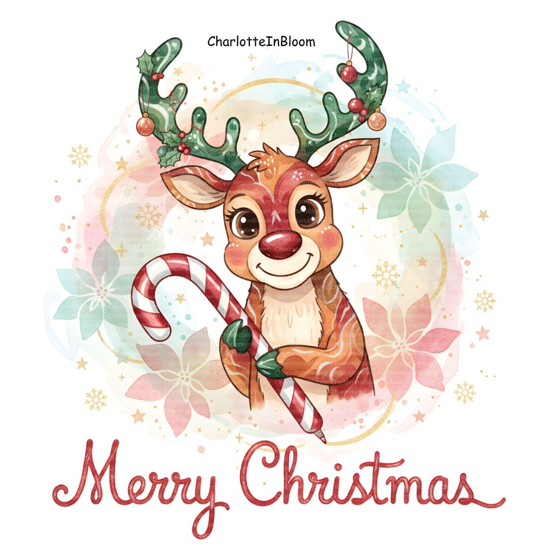 Watercolor Christmas Reindeer Clipart: 20 PNG Bundle, Sticker Sheet ...