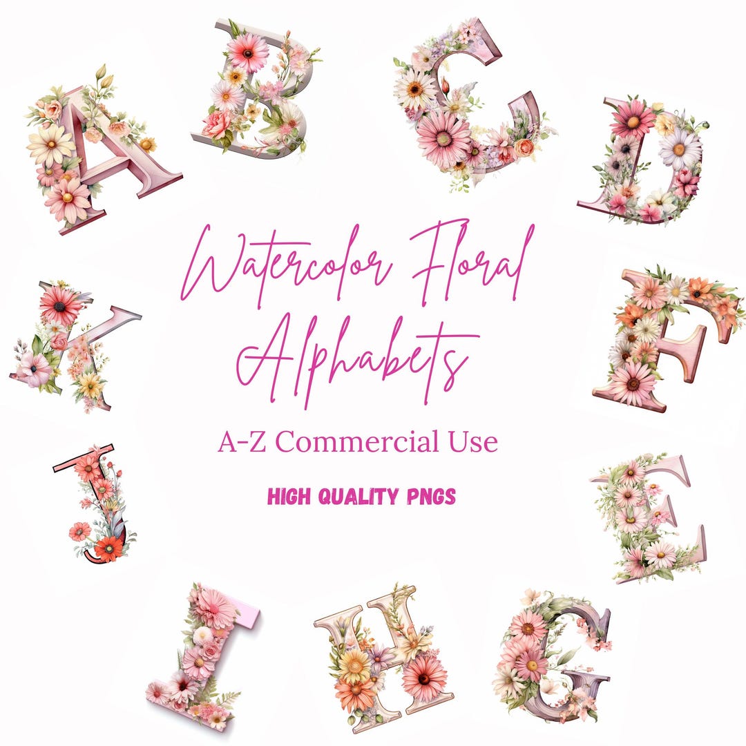 Watercolor Floral Alphabet Clipart A–Z, Elegant Flower Letters PNG ...