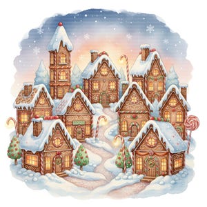May include: A watercolour illustration depicts a gingerbread village under a snowy sky. The houses are adorned with white icing roofs, candy cane streetlights, and festive Christmas tree decorations. One house displays a "Diner" sign.