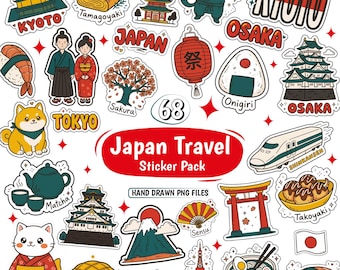 Pakiet japońskich clipartów PNG | Kawaii japońskie naklejki jedzenie zabytki sublimacja cyfrowe pobieranie
