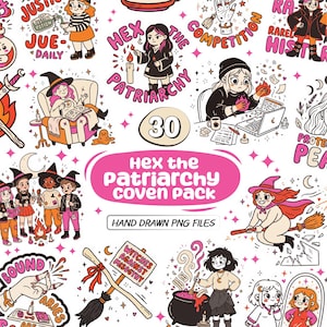 Op de afbeelding: Een verzameling van 30 handgetekende digitale illustraties met diverse personages in heksenkleding, inclusief sc&egrave;nes met ketels, bezemstelen en magische symbolen. De centrale tekst luidt Hex the Patriarchy coven pack.