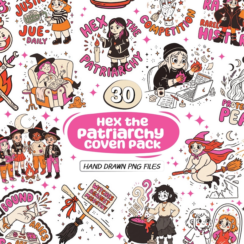 Op de afbeelding: Een verzameling van 30 handgetekende digitale illustraties met diverse personages in heksenkleding, inclusief sc&egrave;nes met ketels, bezemstelen en magische symbolen. De centrale tekst luidt Hex the Patriarchy coven pack.