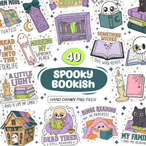 Pode incluir: Uma coleção de 40 ilustrações digitais desenhadas à mão com temas de livros e assustadores. Os elementos incluem fantasmas, caveiras, gatos pretos, estantes, velas e livros abertos com textos como 'Something Wicked' e 'Dead Tired'.