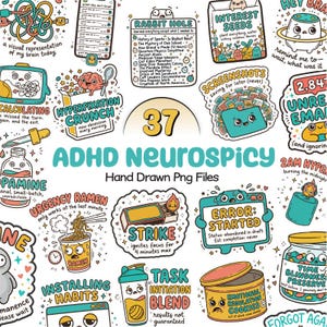 May include: A collection of 37 hand-drawn digital illustrations featuring colorful cartoon characters and objects with text labels like ADHD Neurospicy, Hyperfixation Crunch, Rabbit Hole, and Time Blindness Preserve, depicting various relatable daily experiences.