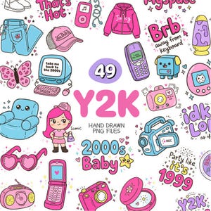 Puede incluir: Una colección de ilustraciones con temática Y2K, que incluye una sudadera con capucha rosa Juicy, un teléfono plegable, una computadora y una cámara digital. La imagen presenta el texto "Y2K", "2000s Baby" y otras frases nostálgicas. La combinación de colores es rosa y azul.