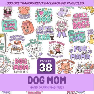 以下が含まれることがあります： 犬のママをテーマにした、手描きのPNGファイル38枚のコレクション。デザインには、「私は犬が大好き」「犬のママ」「毛皮のママ」などのフレーズや、犬に関連するさまざまなイラストが含まれています。「300 DPI TRANSPARENT BACKGROUND PNG FILES」というテキストが上部にあります。