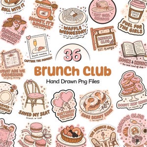 May include: A set of 36 hand-drawn PNG files with brunch-related illustrations. The designs include waffles, coffee, donuts, and phrases such as "Brunch Club" and "Waffle Wednesday." The color scheme is soft, with pinks, browns, and creams.