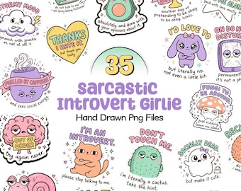 Pacote PNG de Garota Introvertida Sarcástica | Adesivos de Sublimação com Frases Engraçadas e Antissociais para Download Digital
