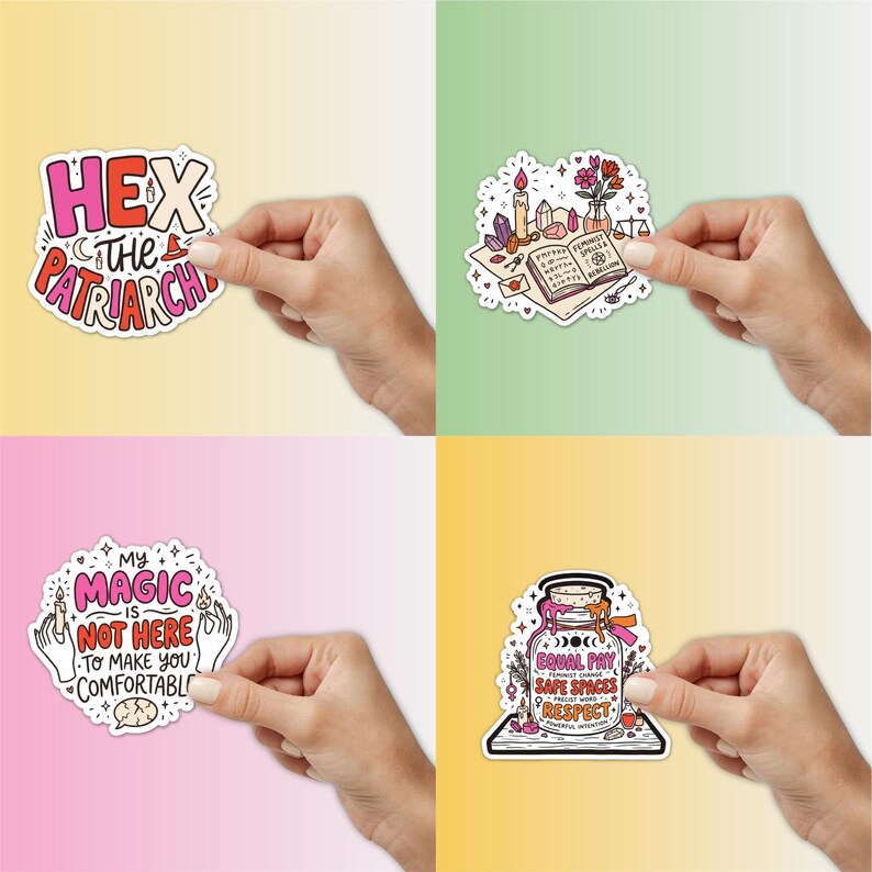 Op de afbeelding: Vier gestanste stickers met kleurrijke illustraties en tekst. E&eacute;n toont HEX THE PATRIARCHY, een andere een spreukenboek met FEMINIST SPELLS & REBELLION, &eacute;&eacute;n zegt MY MAGIC IS NOT HERE TO MAKE YOU COMFORTABLE, en de laatste toont een pot met EQUAL PAY.