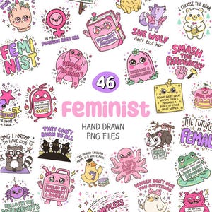 Pode incluir: Uma cole&ccedil;&atilde;o de 46 arquivos PNG desenhados &agrave; m&atilde;o com tema feminista. Os adesivos apresentam v&aacute;rias ilustra&ccedil;&otilde;es, incluindo um livro rosa, um urso, um lobo e textos como "Smash the Patriarchy" e "Feminist Agenda".