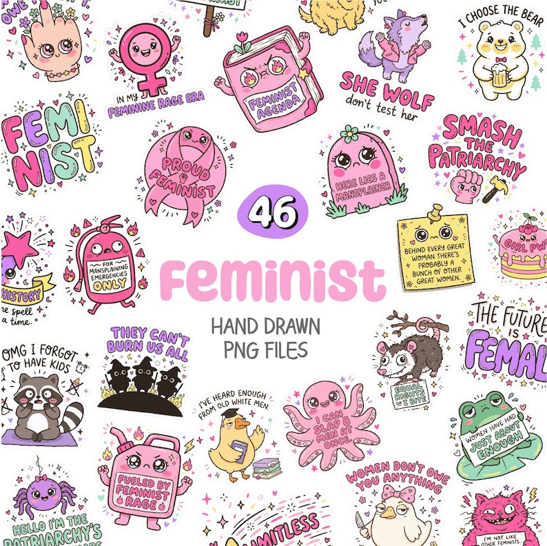 Pode incluir: Uma cole&ccedil;&atilde;o de 46 arquivos PNG desenhados &agrave; m&atilde;o com tema feminista. Os adesivos apresentam v&aacute;rias ilustra&ccedil;&otilde;es, incluindo um livro rosa, um urso, um lobo e textos como "Smash the Patriarchy" e "Feminist Agenda".