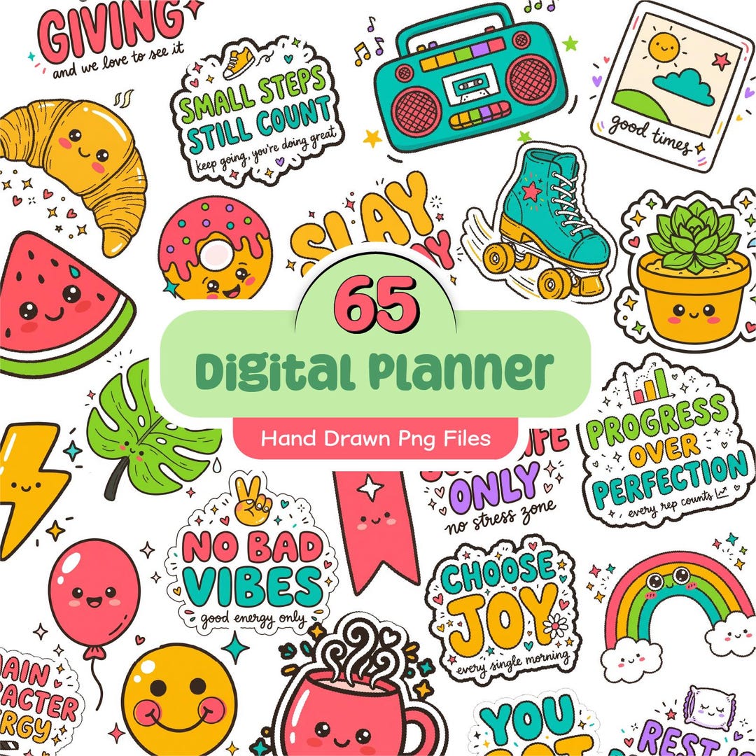 Digital Planner Stickers PNG Bundle | Preppy Hand Drawn Files (digital ...