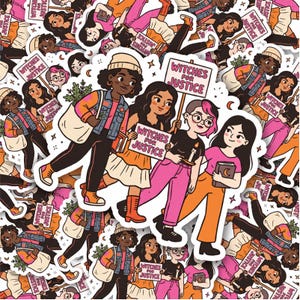 Op de afbeelding: Een stickervel met een herhalende illustratie van drie diverse figuren die borden vasthouden met de tekst Witches for Justice. De figuren zijn afgebeeld met verschillende haarkleuren, kledingstijlen en accessoires zoals tassen en kaarsen.