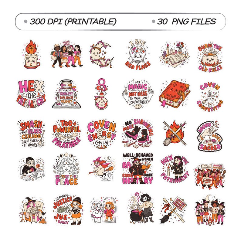 Op de afbeelding: Een verzameling van 30 digitale stickerontwerpen met kleurrijke illustraties van heksen, magische voorwerpen en krachtige slogans. De set bevat diverse motieven zoals ketels, spreukenboeken en bezems, allemaal gepresenteerd in een raster.