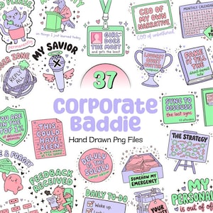 May include: A collection of 37 digital stickers featuring pastel-coloured illustrations and humorous corporate-themed text such as CEO OF MY OWN NARRATIVE, DELULU IS THE SOLULU, and LOUDEST QUIET QUITTER, presented in a hand-drawn graphic style.
