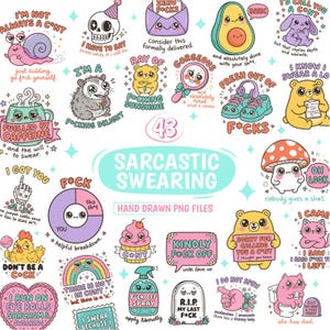 Puede incluir: Una colección de archivos PNG dibujados a mano con frases sarcásticas y groseras. Los diseños presentan varios personajes y objetos de dibujos animados, con texto en negrita y acentos coloridos.