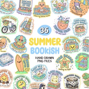 May include: A set of 36 hand-drawn PNG files with summer and book-related illustrations. Designs include a bicycle with books, a lighthouse, an octopus reading, and a tropical drink. The text includes "Summer Bookish" and "Hand Drawn PNG Files."