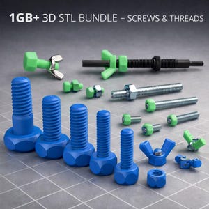 1GB以上のネジとねじ山STLバンドル – 機能的なプリントのための3Dプリント可能なボルト、ナット、蝶ナットファスナー