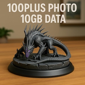 Puede incluir: Figura de dragón gris oscuro con detalles morados sobre una base texturizada. El dragón está en posición agachada, con espinas afiladas a lo largo de su espalda. El texto "100PLUS PHOTO 10GB DATA" se muestra encima de la figura.