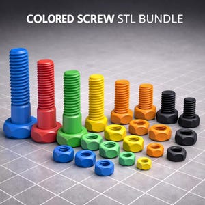 May include: A set of brightly coloured screws and nuts in blue, red, green, yellow, orange, and black. The text "COLORED SCREW STL BUNDLE" is at the top. The items are arranged on a grey tiled surface.