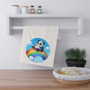 Panda on Rainbow Tea Towel: Whimsical Kitchen Decor