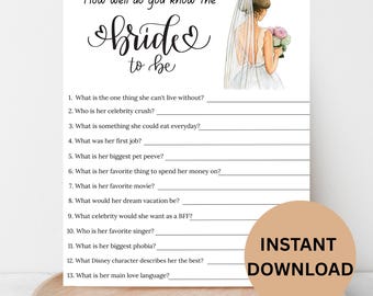 Bridal Shower Game: How Well Do You Know the Bride (Digital Download)