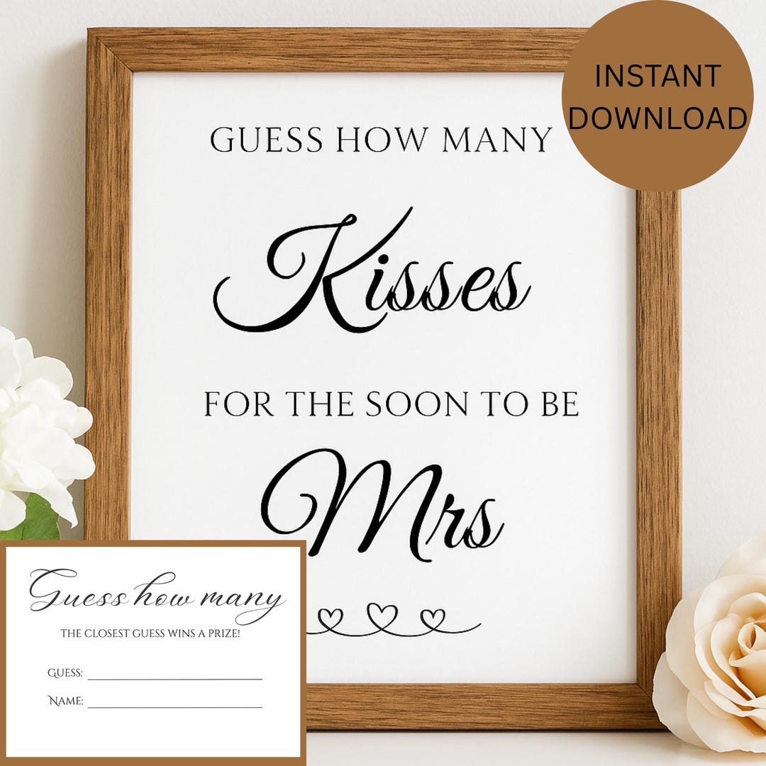 "How Many Kisses For The Soon-to-Be Mrs" Bridal Shower Game - 1 Sign & 30 Guess Cards, Floral White - View #10