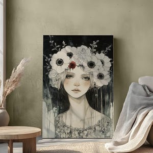 Affiche portrait poétique imprimable et fleurs, portrait femme dark boho, carte à imprimer femme & anémones blanches, déco féminine chambre