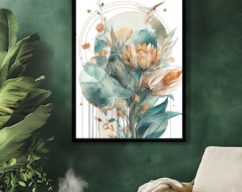 Lotus Flowers and Stylized Bird, Botanical watercolor print, zen Japandi Wabi-Sabi Wall art, Sage Green Wall Art, digital downloadable print
