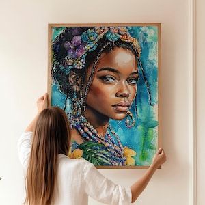 Tropical afro woman portrait,  Exotic printable wall art of an exotic woman surrounded by flowers,  ethnic home decor, colorful jewels