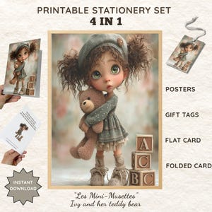Set 4 en 1 art mural et papeterie imprimable bohème et mignon pour chambre d'enfant, posters Cartes et étiquettes cadeaux pour anniversaire