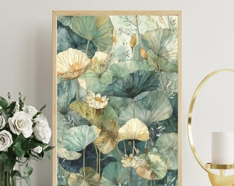 Lotus flower watercolor printable, sage green botanical wall art, zen minimalist nature decor, bedroom digital download, peaceful home print