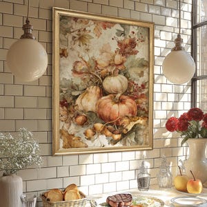 Autumn pumpkin watercolor wall art, rustic seasonal kitchen decor, vintage fall botanical illustration for cosy home
