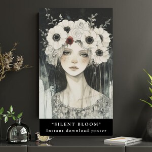 Affiche portrait poétique imprimable et fleurs, portrait femme dark boho, carte à imprimer femme & anémones blanches, déco féminine chambre