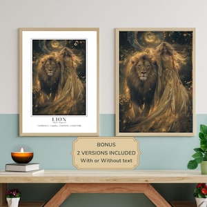 Affiche Lion signe astrologique, art du zodiaque digital, lion majestueux et femme, carte astrologique à offrir et poster mural à imprimer