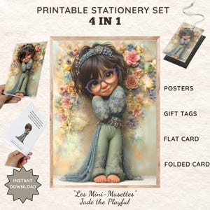 Set 4 en 1 d'art mural et papeterie imprimable mignon pour chambre d'enfant, posters, Cartes et étiquettes cadeaux pour anniversaire