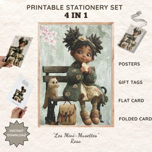 Set 4 en 1  imprimable, Affiche petite fille vintage & papeterie , Poster chambre d'enfant,  Cartes et étiquettes cadeaux pour anniversaire