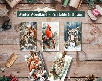 Whimsical Woodland animals printable gift tags,PDF or JPG, 5 watercolor style forest animals, Holiday wrapping labels
