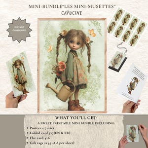 Set de papeterie enfant vintage à imprimer, Affiche murale chambre petite fille, cartes et étiquettes cadeaux anniversaire téléchargeables