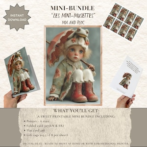 Set de papeterie mignonne à imprimer, Affiche chambre Petite fille sous la pluie & grenouille, cartes et étiquettes cadeaux anniversaire ,