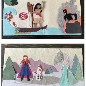 May include: Felt art depicting scenes from animated movies. The top scene shows a boat with a character holding a paddle, a rooster, and a creature on a wave. The bottom scene shows two characters, a snowman, and a castle in a snowy landscape.